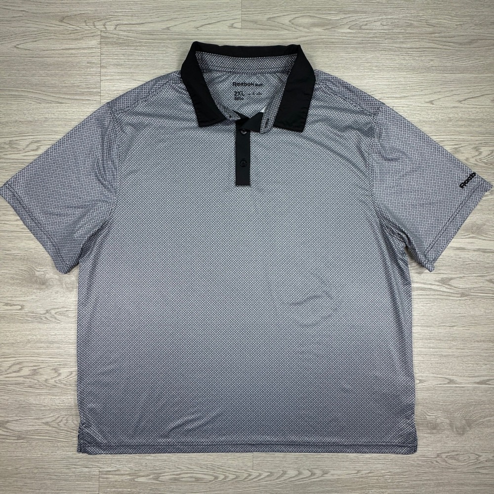 Reebok‎ Mens Polo Shirt Golf Performance Geometric Print Gray 2XL Short Sleeve